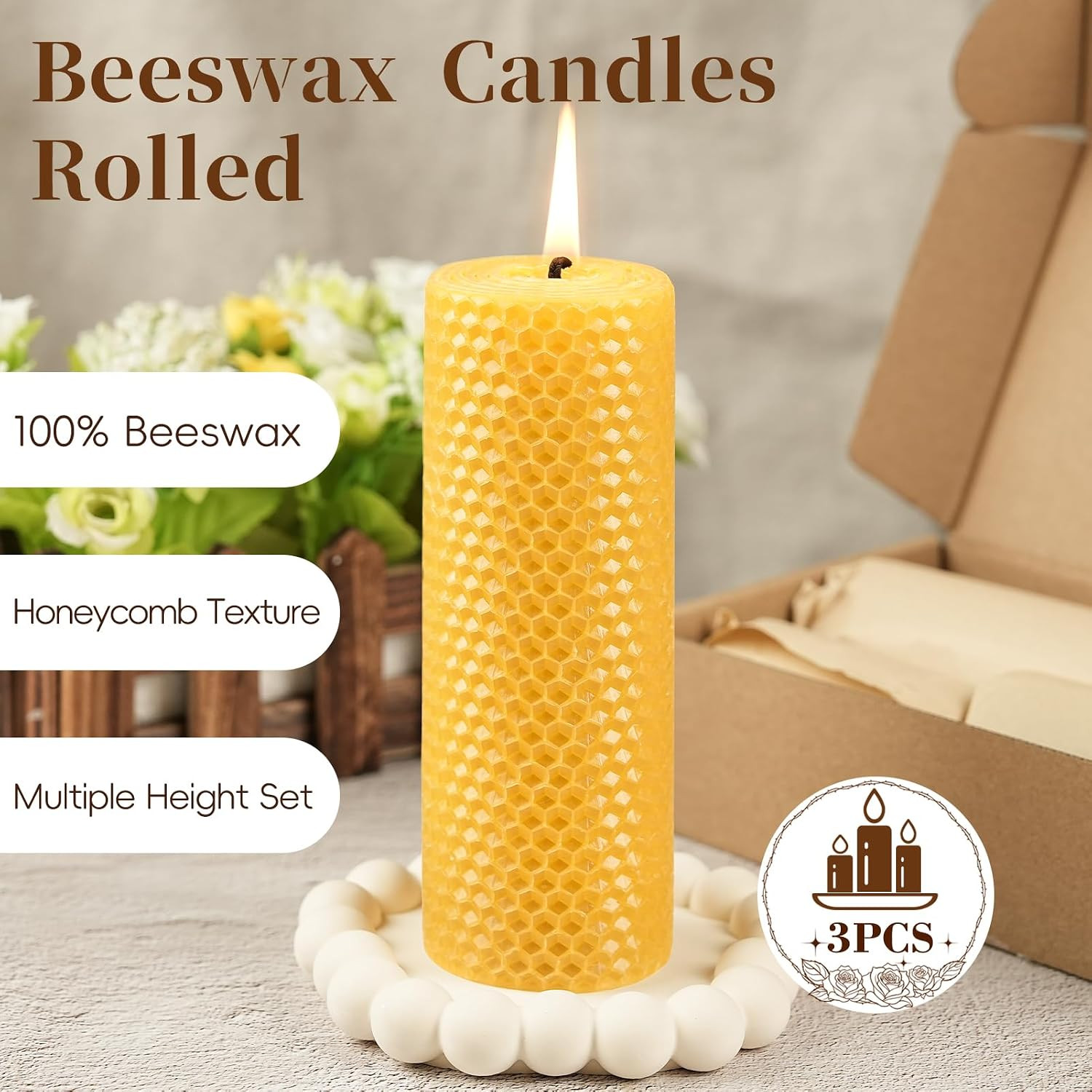 Beeswax Pillar Candles,Hand Rolled Honeycomb Design, 3 Sizes | Pure Natural