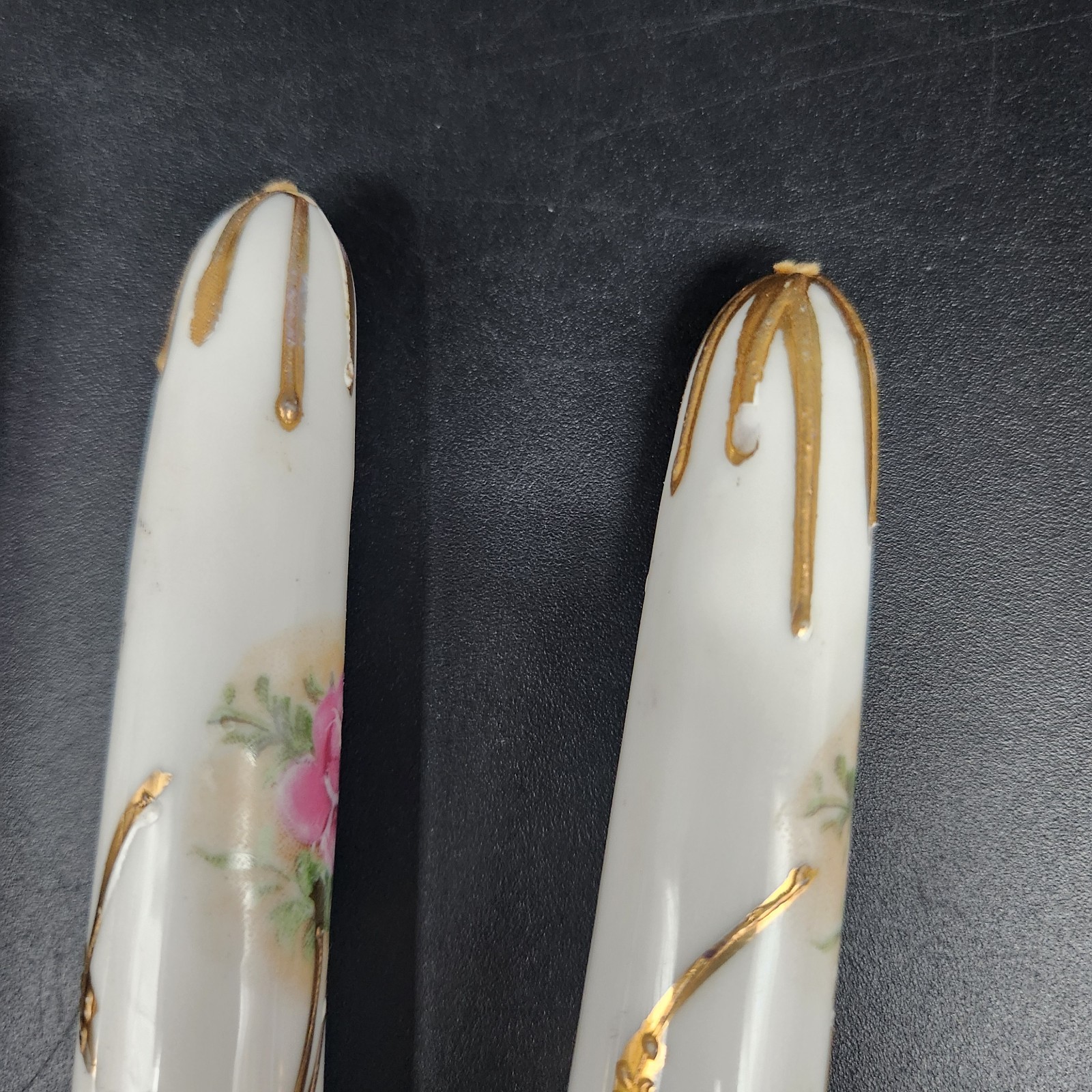 Set of 4 Antique? Porcelain Faux Taper Candles Hand Painted Floral Gold Accents