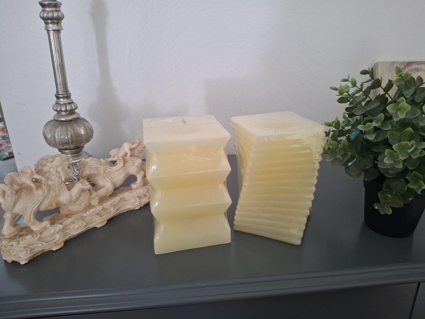 2 Flameless Candles New Yellow/Butter 6″x4″ Vanilla Scented Modern Abstract