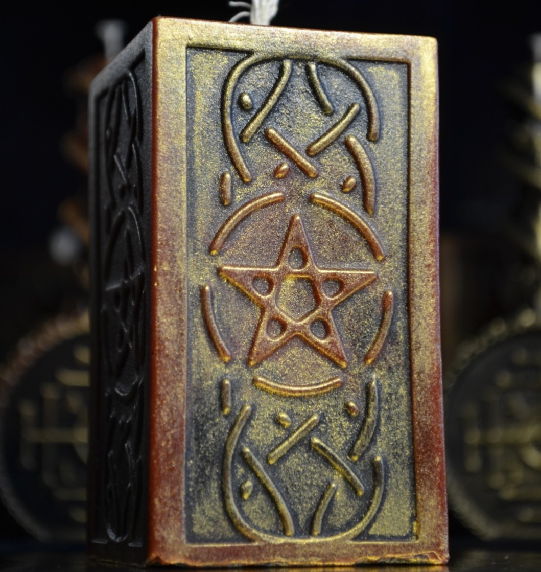 Pentagram Beeswax Pillar Candle Hand Painted Gold Occult Altar Decor Witchy Gift
