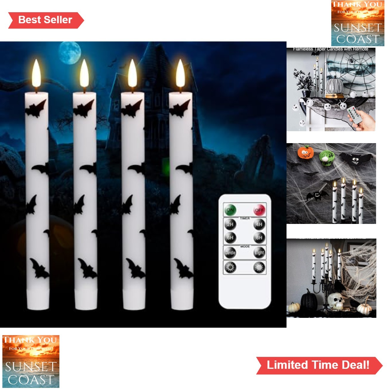 Halloween Flameless Taper Candles 4 Pack LED Battery Operated with Remote Timer