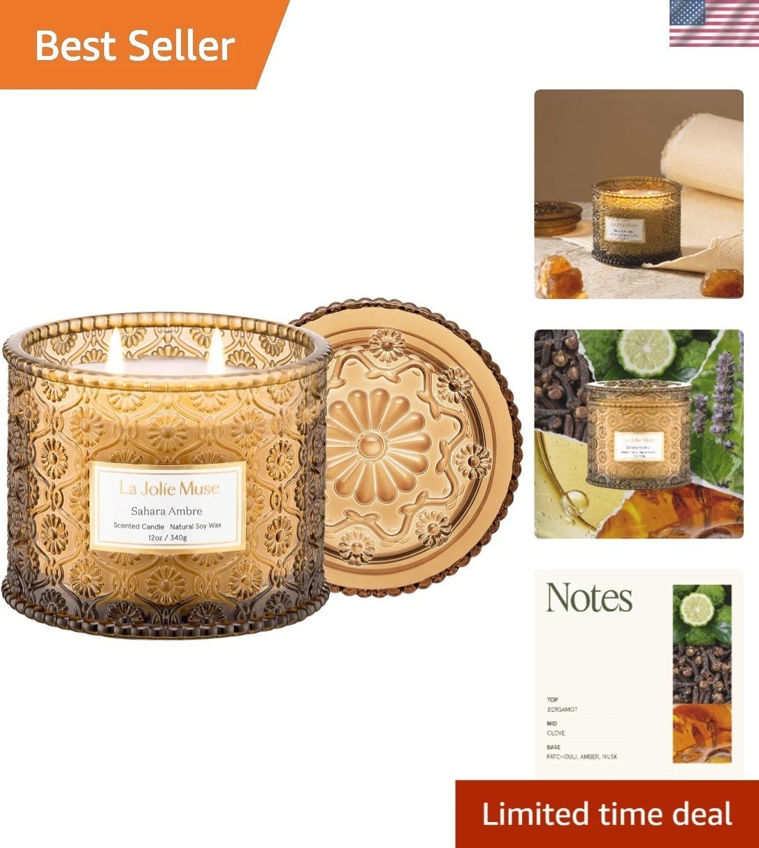 Sahara Amber Luxury Candle – 12 oz Soy Wax, 2 Wicks for 60 Hours of Bliss