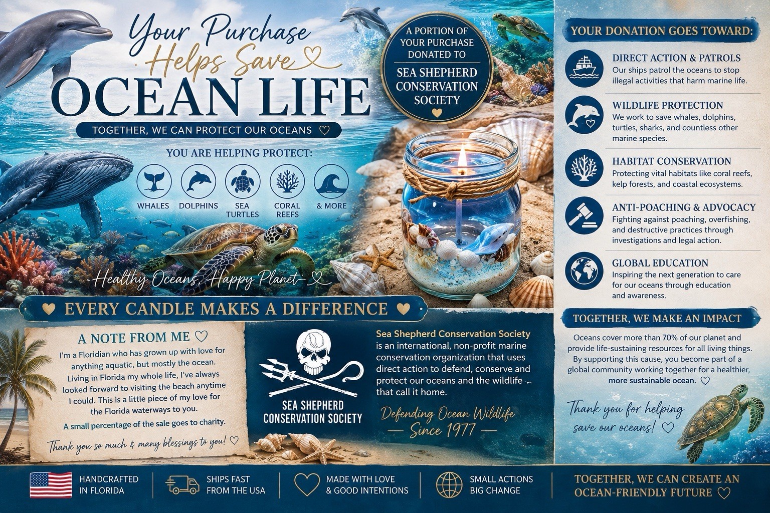Handmade Ocean Florida Gel Candle Soy Wax Real Seashells, Sea Salt & Starfish
