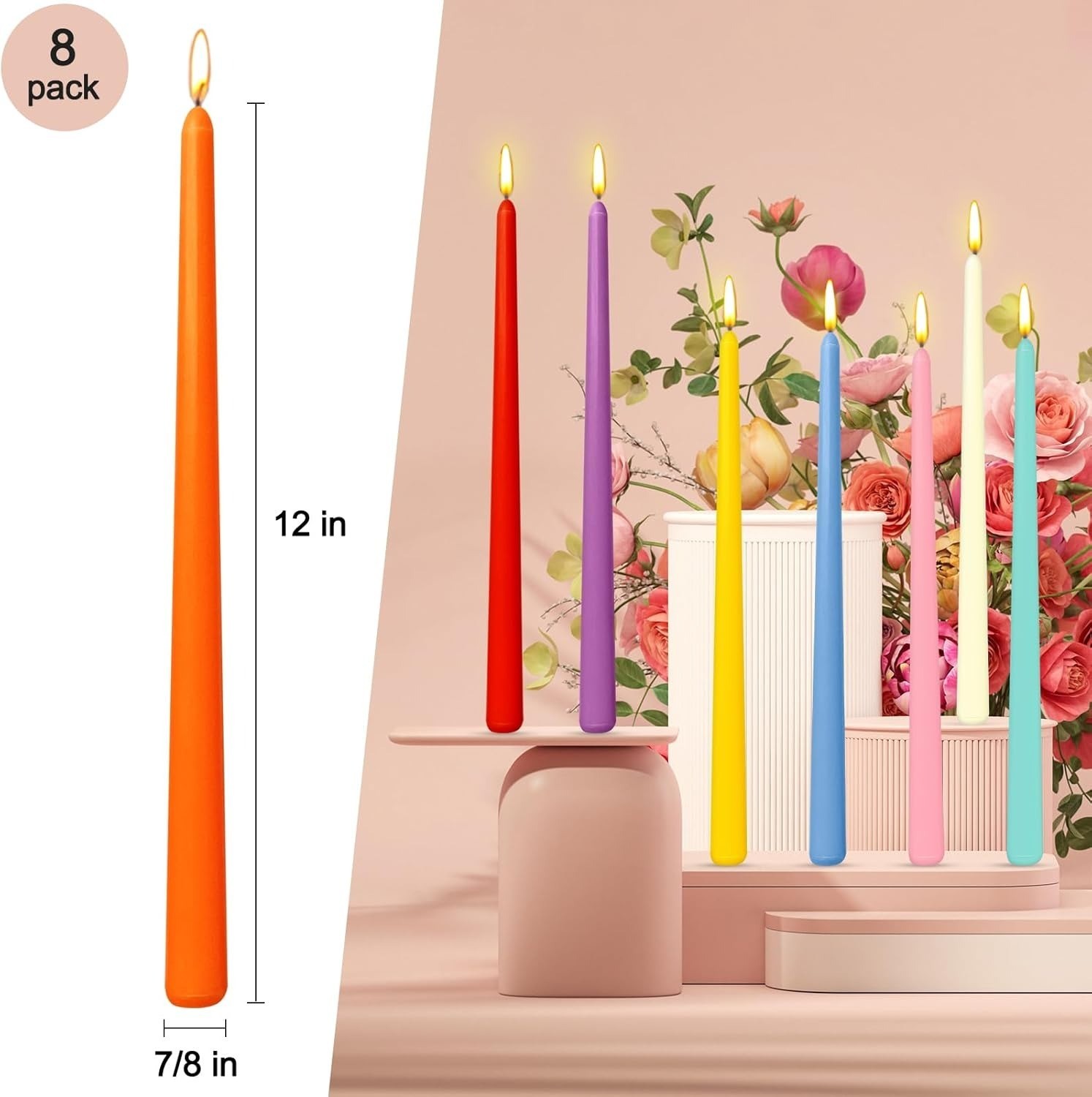 12″ Multi-Color Long Taper Candle Thin Dripless Candlesticks Candles 8 Pack