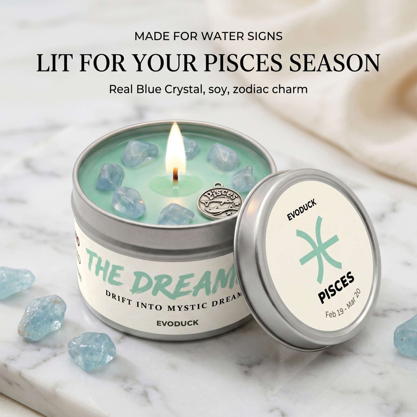 2 Pack Pisces Zodiac Candle Crystal Soy Astrology Birthday Gift Celestial