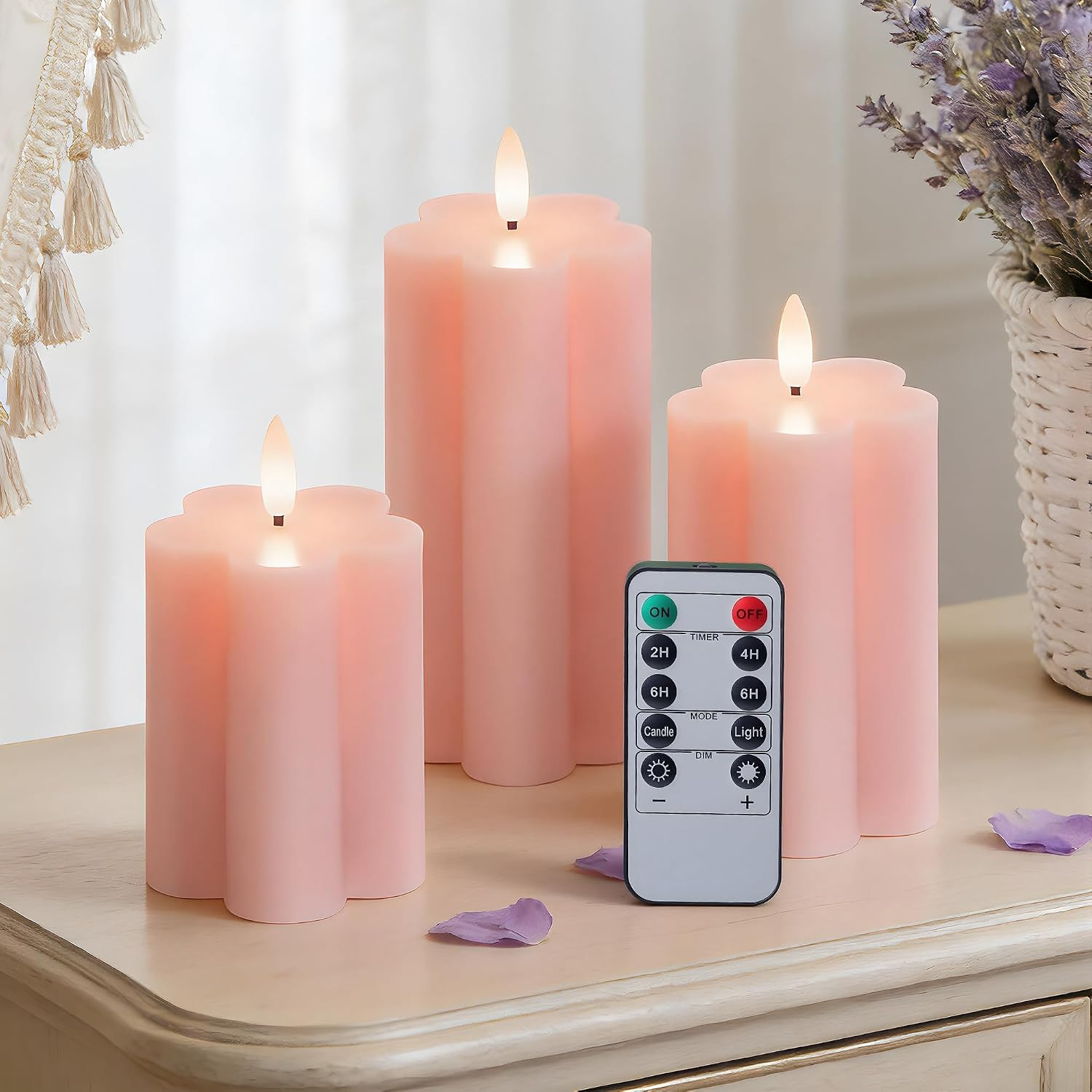 Pink Flower Flameless Candles with Remote and Timer Real Wax Made LED Pillar