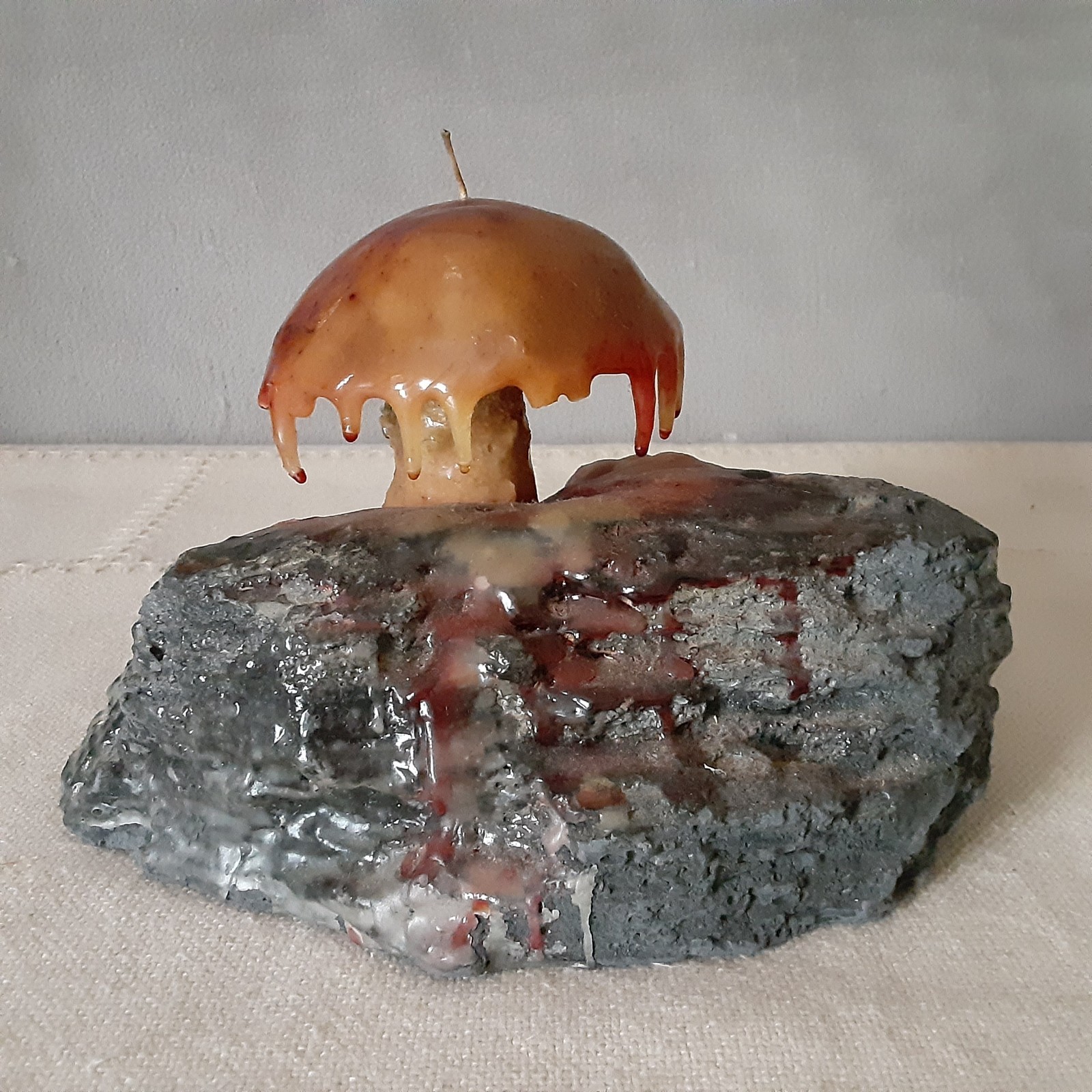 Mushroom Candle Dripping On a Black Rock Decor – Wick Never Lit 8″ Wide Heavy