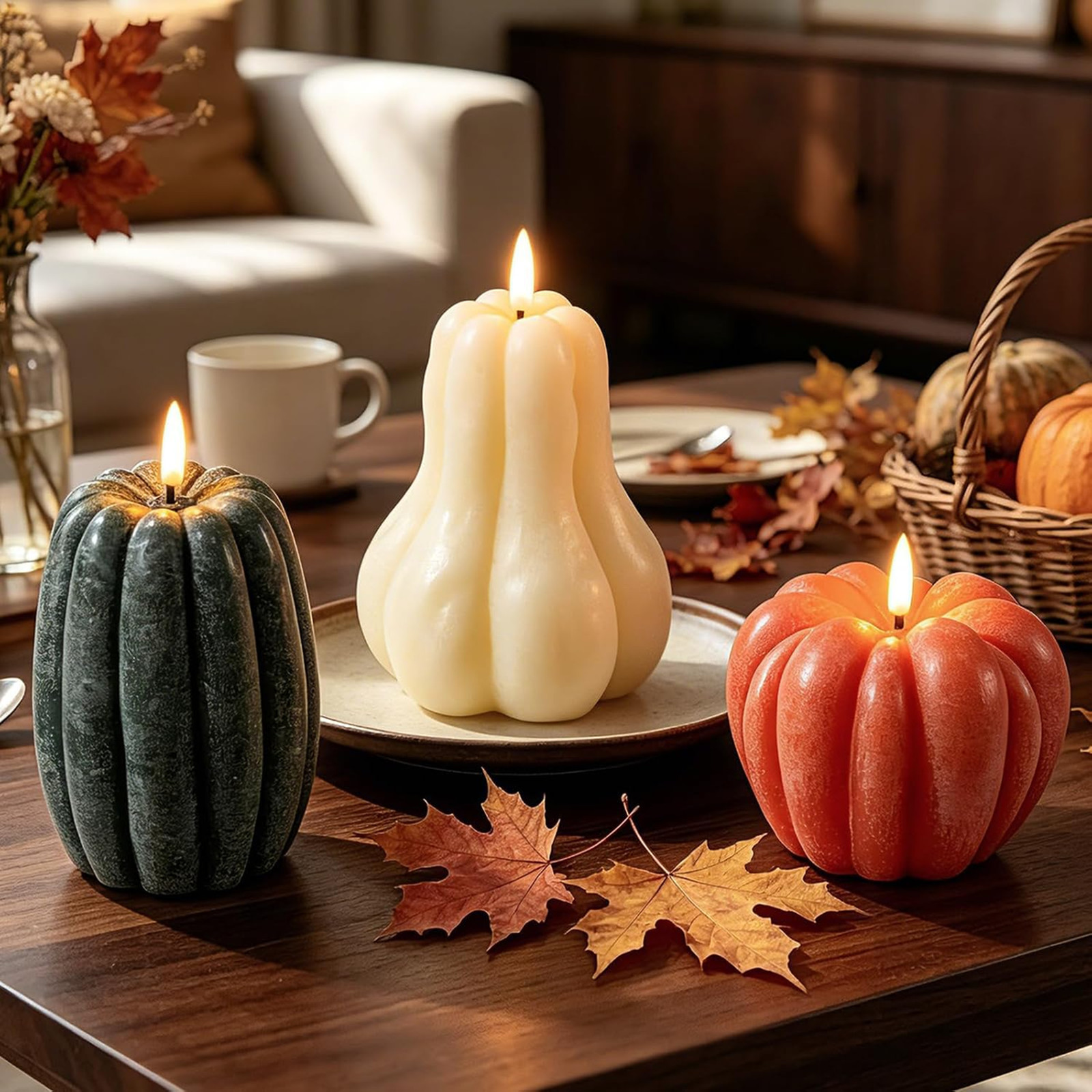 3 Pcs Fall Pumpkin Flameless Candles LED Battery Operated with Remote Real Wax