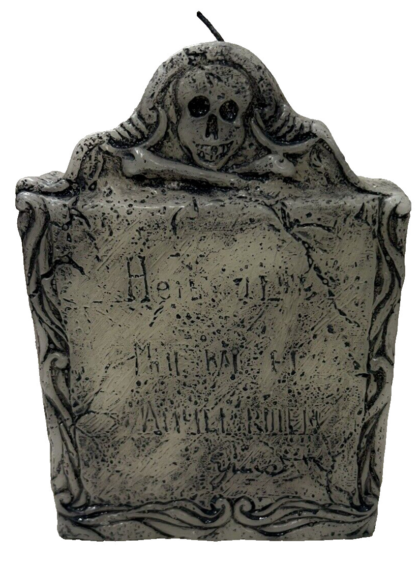 Large Vtg Halloween Tombstone Candle Skull & Bones Gothic Gray Wax Decor 8″ New