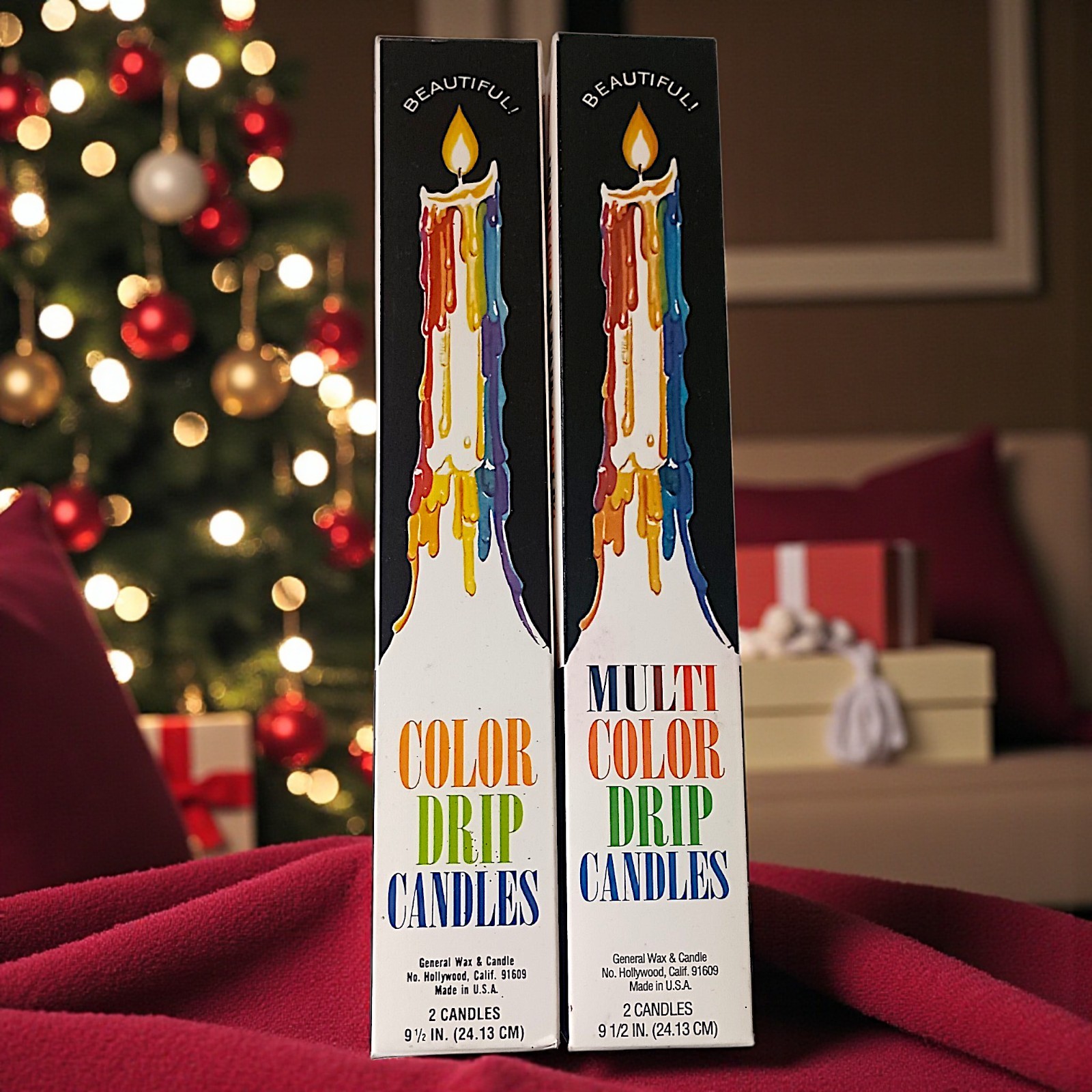 4 Vtg Color Drip Candles Wine Bottle Decor Multicolor NEW 2 In Each Box 70s 9.5″