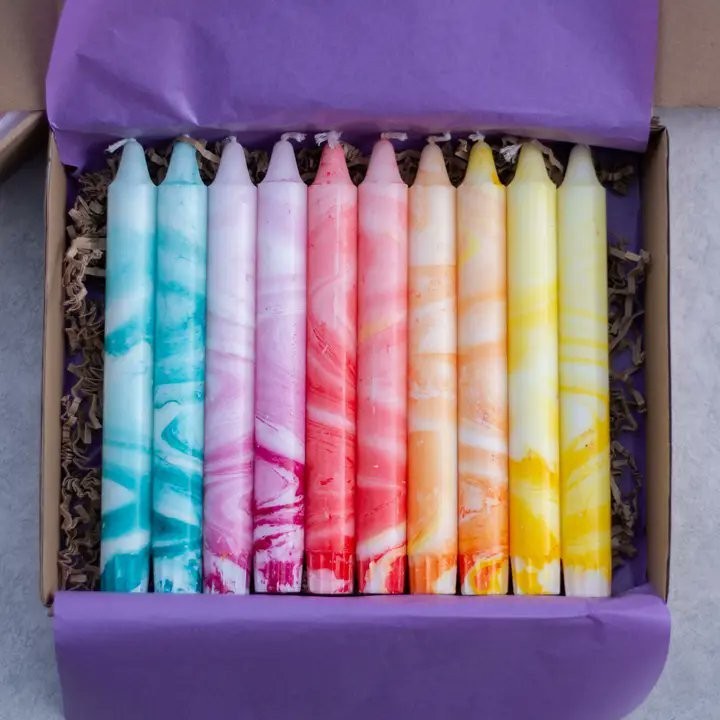 Marble Rainbow Taper Candles 10-Pack 8in Nordtrice Handmade Natural Wax Gift Set