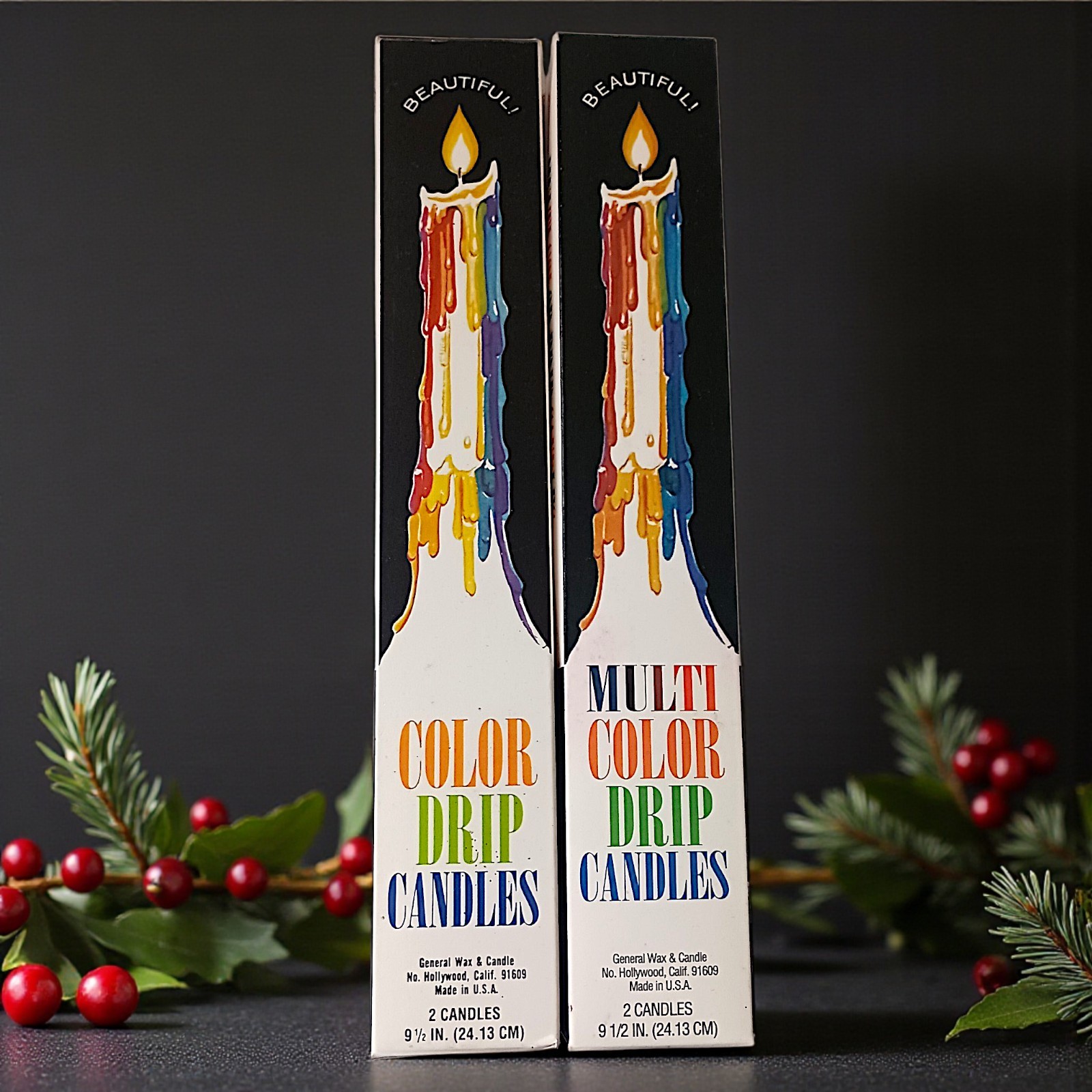 4 Vtg Color Drip Candles Wine Bottle Decor Multicolor NEW 2 In Each Box 70s 9.5″