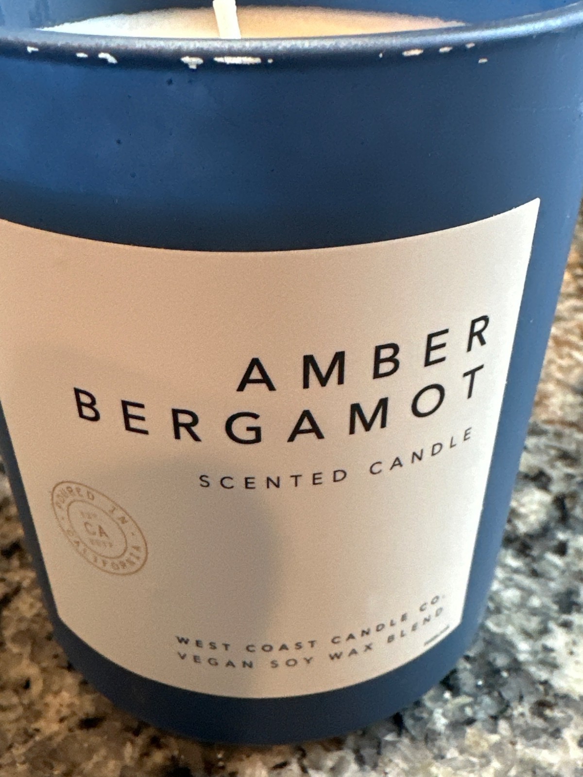 Amber Bergamot Scented Candle 9 Ounces 1 Wick Blue Jar Vegan Soy Wax Blend