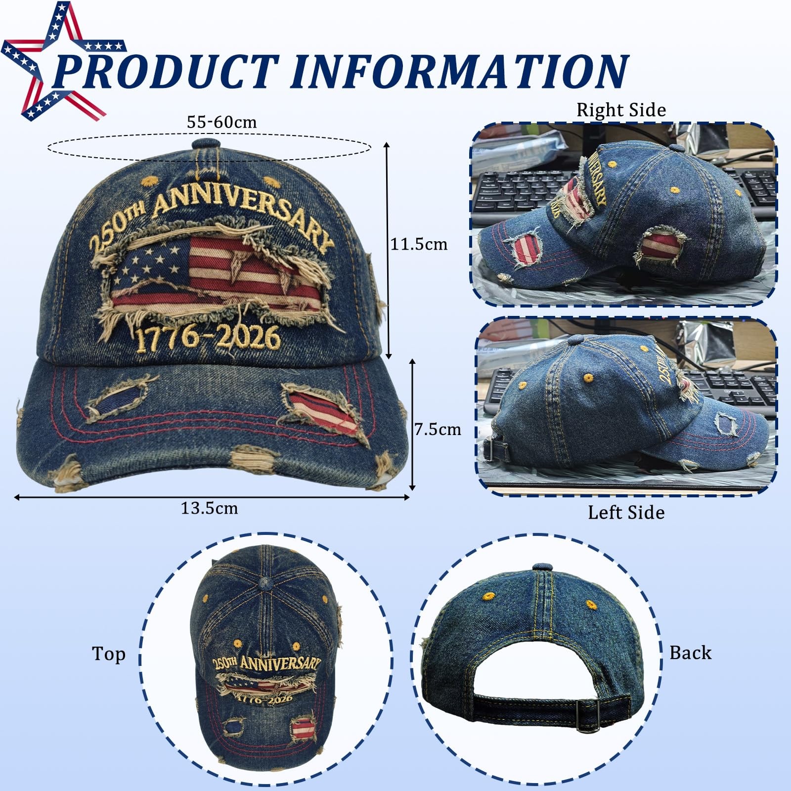 250th Anniversary Distressed Casual Cap, United States 250th Anniversary Hat …