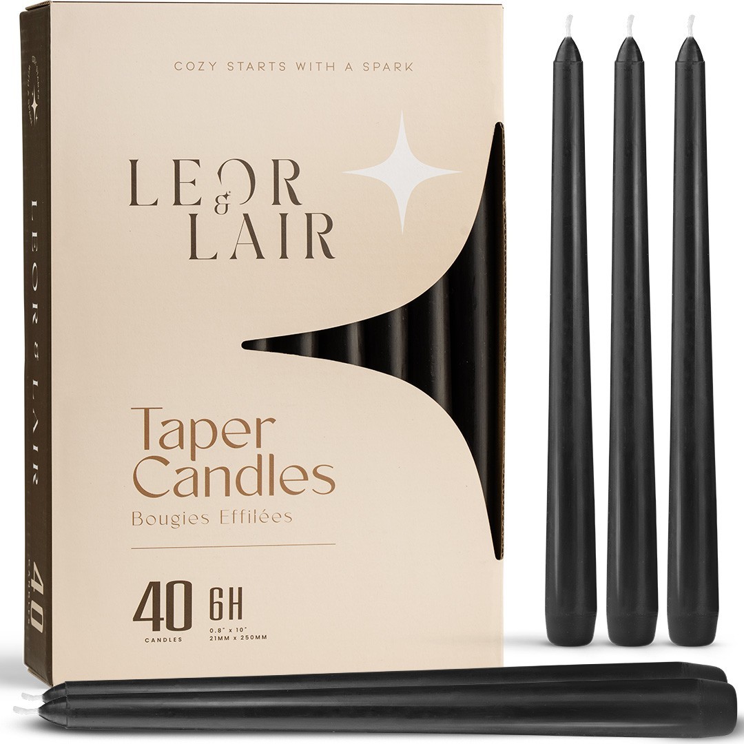 Leor & Lair Bulk Taper Candles – 40 Pack – 10″ Tall Candlesticks, 6+ Hours Burn