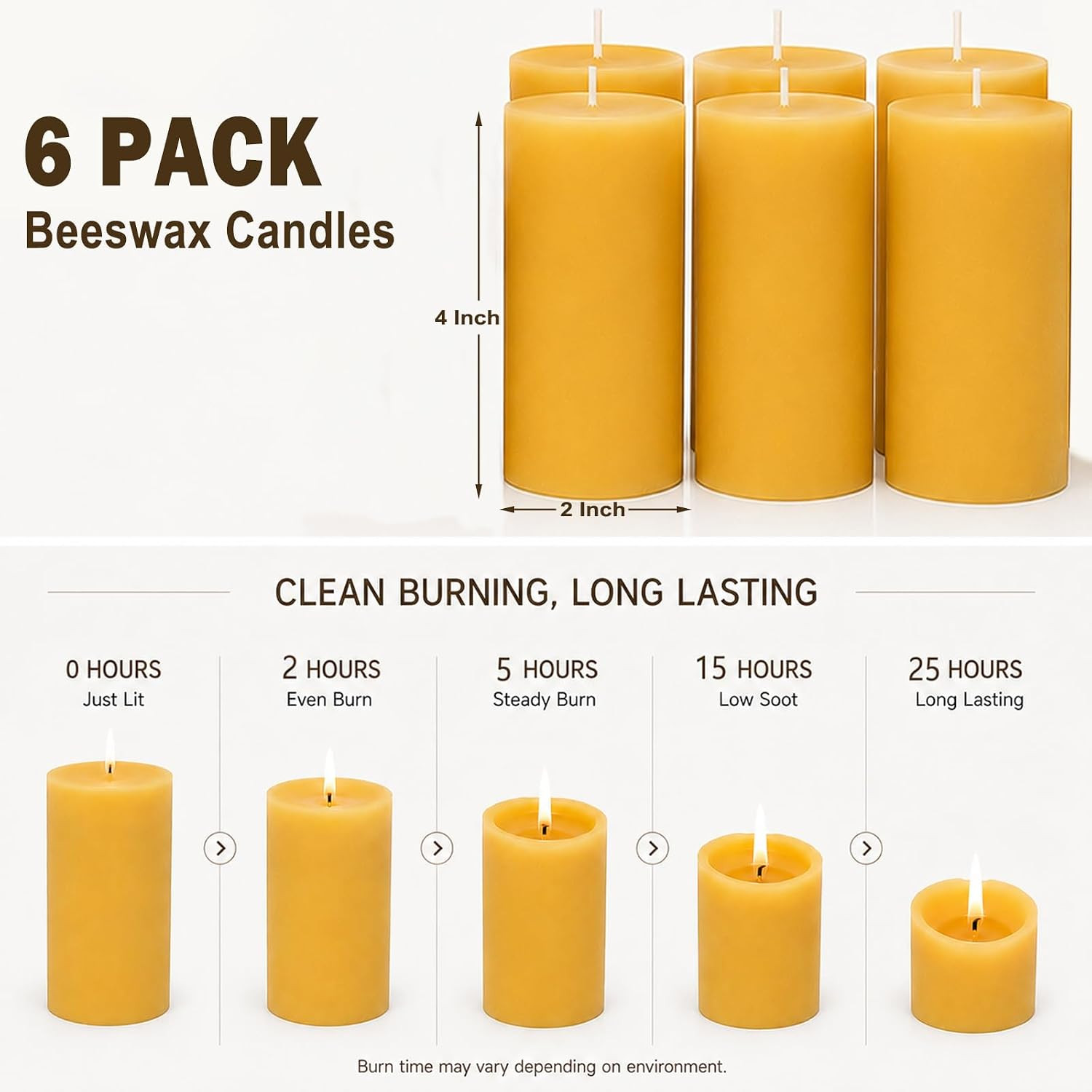 Beeswax Candles Pillar 6 Pack, 2X4 Inch Non Toxic Bees Wax Candle for Home, Long