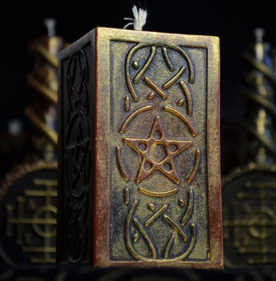 Pentagram Beeswax Pillar Candle Hand Painted Gold Occult Altar Decor Witchy Gift