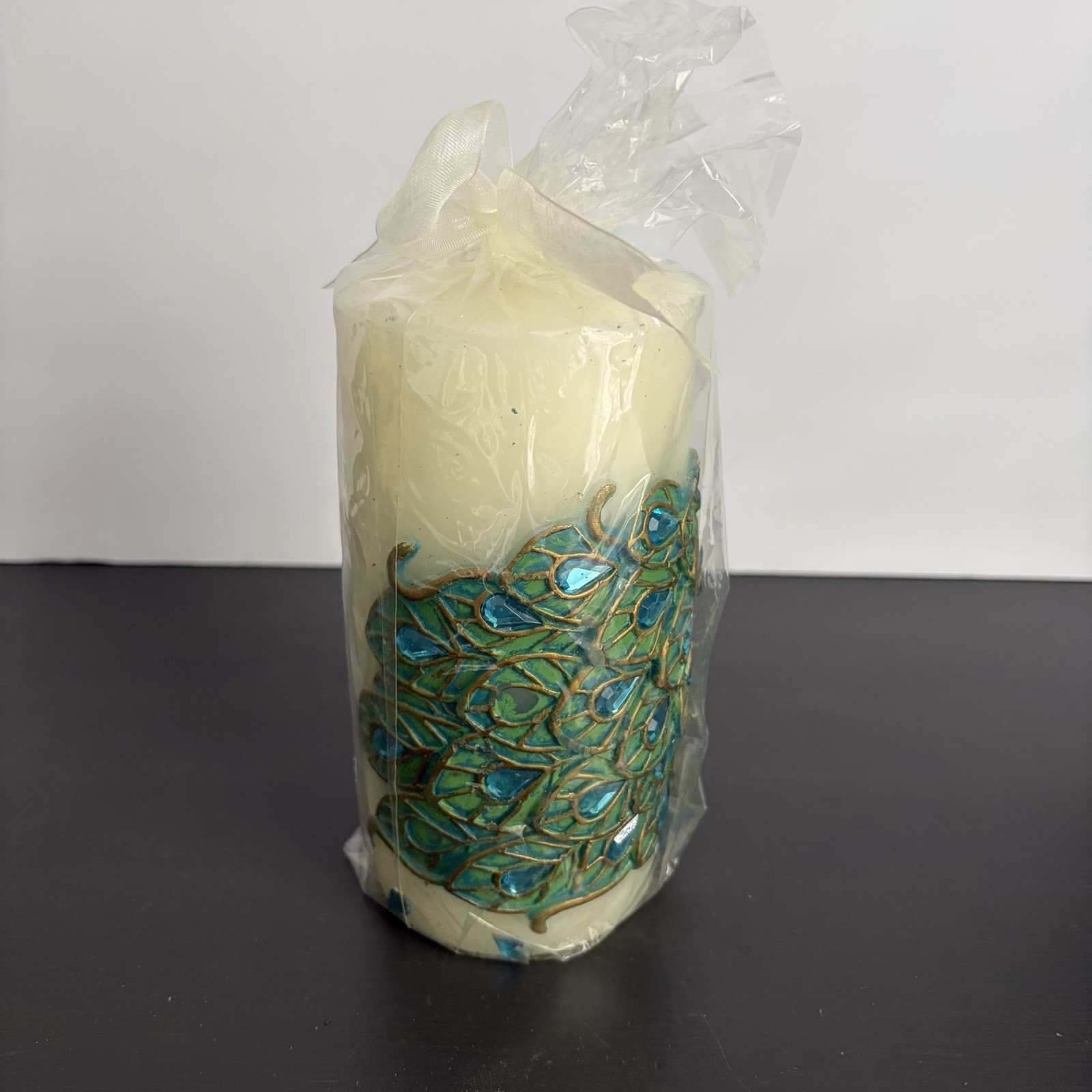 Pier One Peacock Candle Unscented Pillar 6 in Jeweled Feathers Original Package