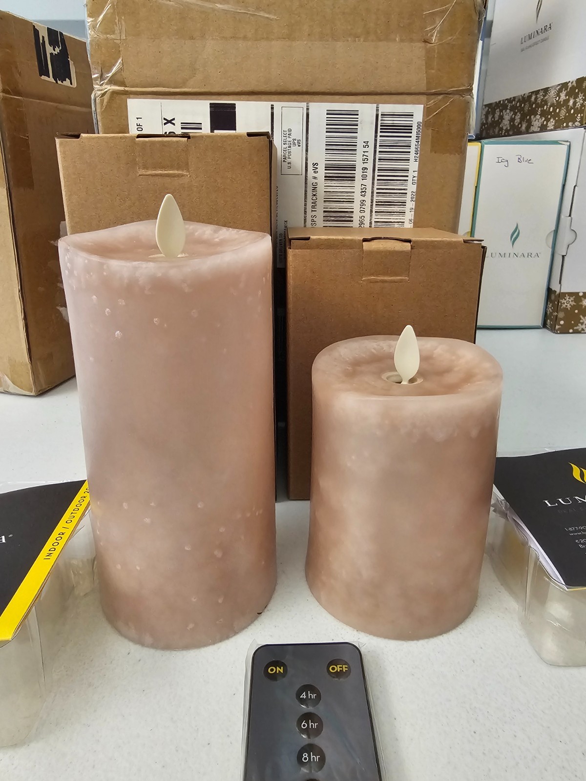 Pair Of Moonlight Colored Luminara Flameless Pillar Candles 3X4″ & 3X6″ w/Remote