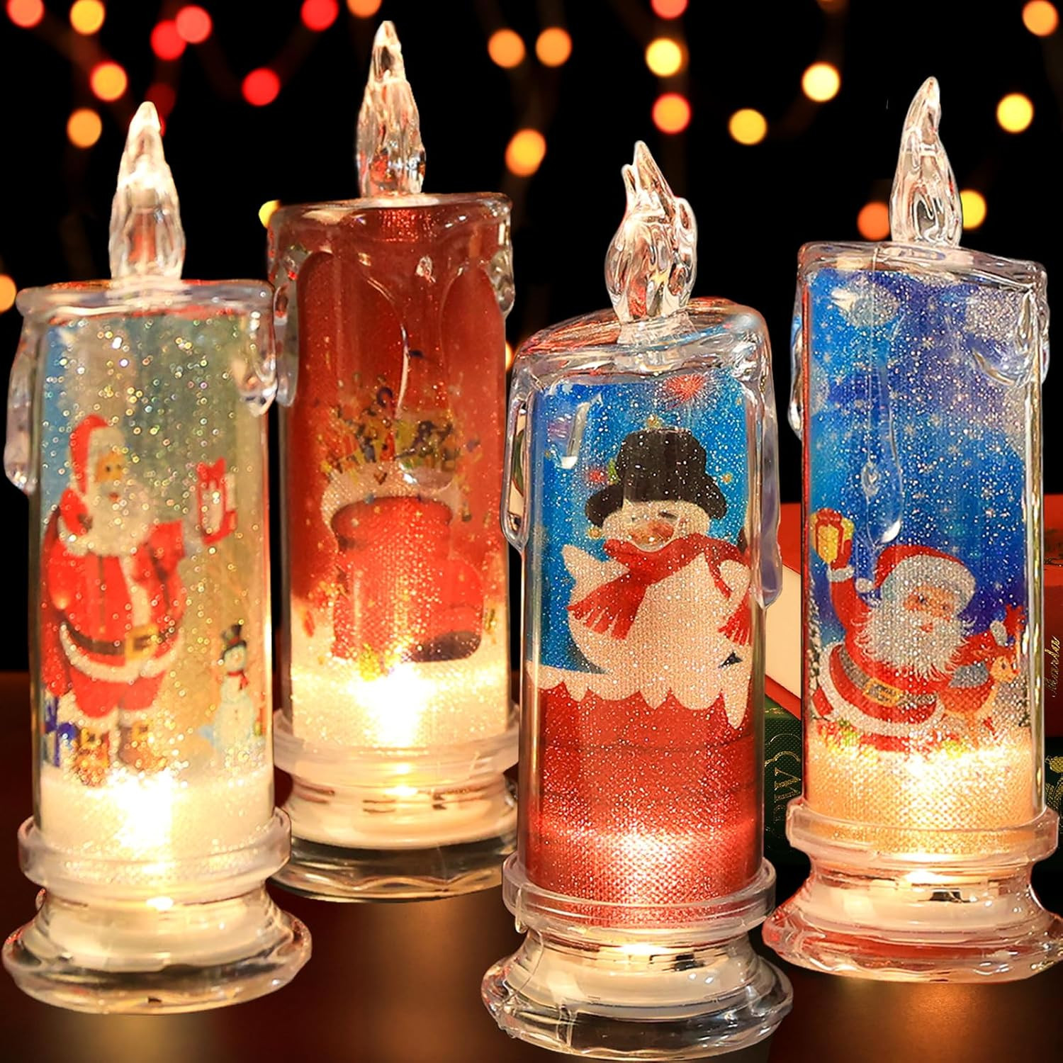 Flameless LED Candles Set of 4 with Santa Claus, Snowman Decals – Battery Ope…