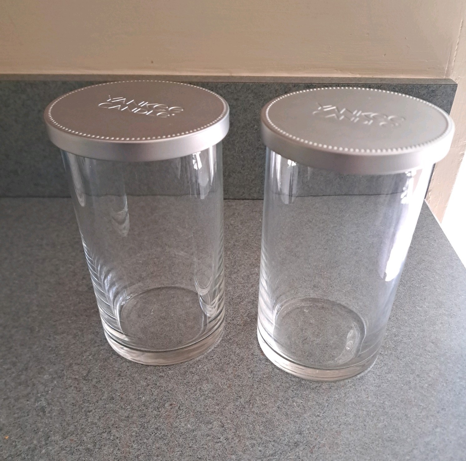 2- Empty yankee candle glass jars with lids. 14.25oz