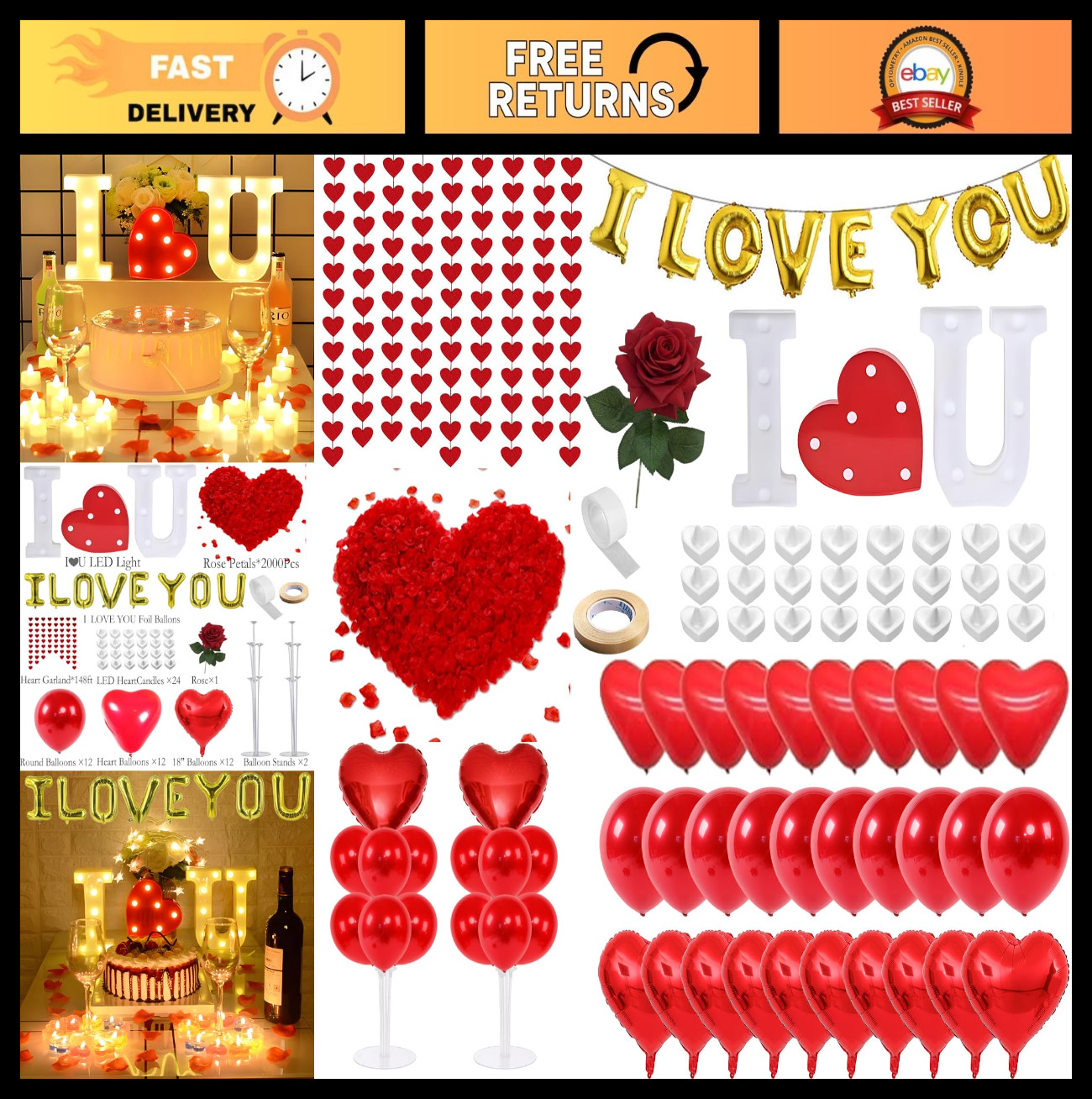 Romantic Bedroom Decor Set – 2000 Rose Petals, Candles, LED Love Sign & Heart Ba