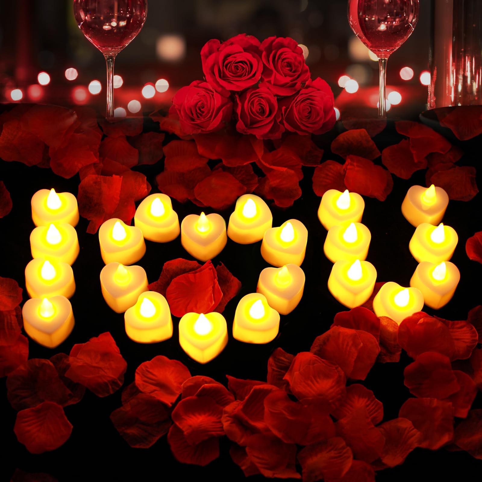 3000 Pcs Artificial Silk Red Rose Petals And 20 Pcs Led Candles Battery Flameles
