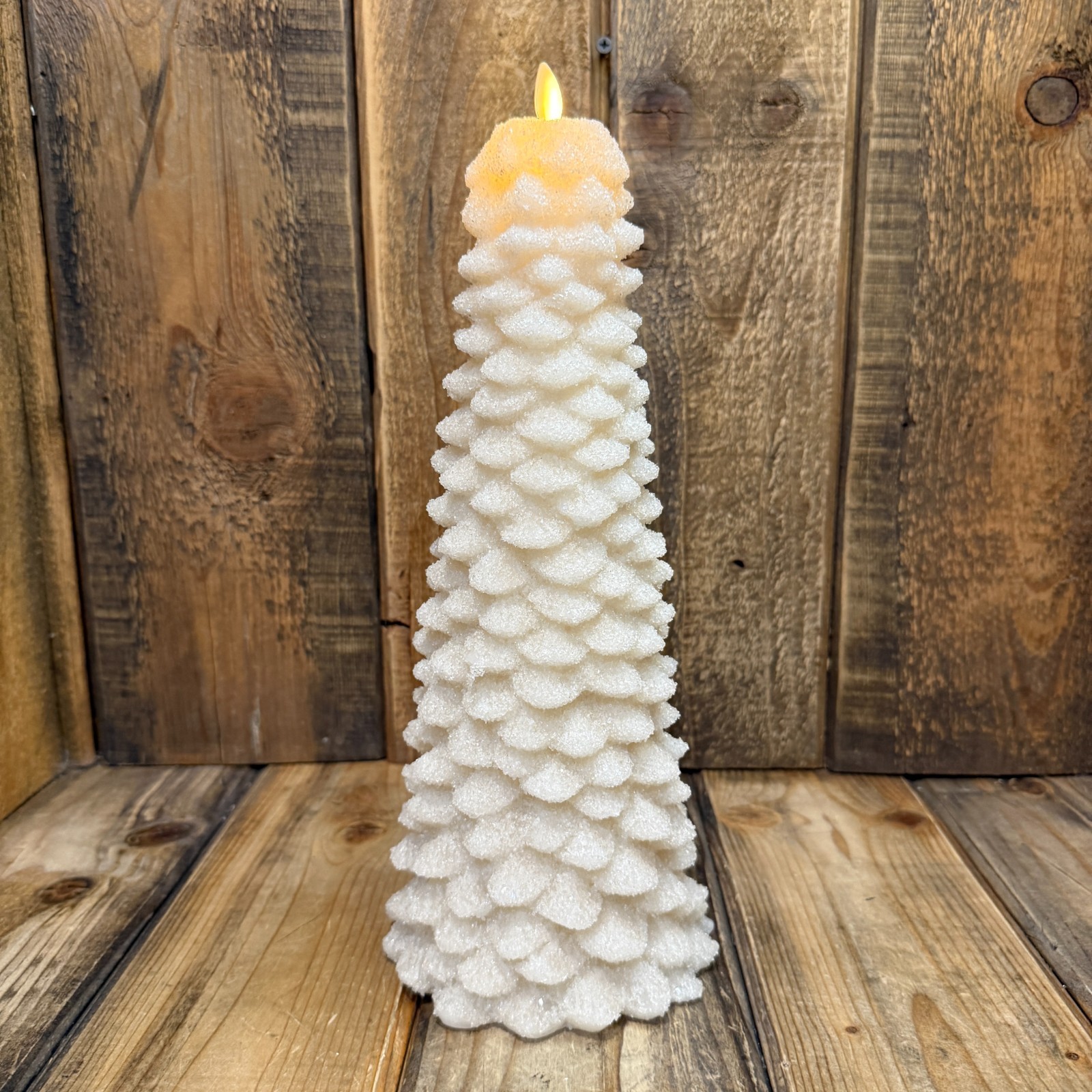 POTTERY BARN PREMIUM FLICKERING FLAMELESS FROSTED TREE CANDLE, XL 13″~TRUE WHITE