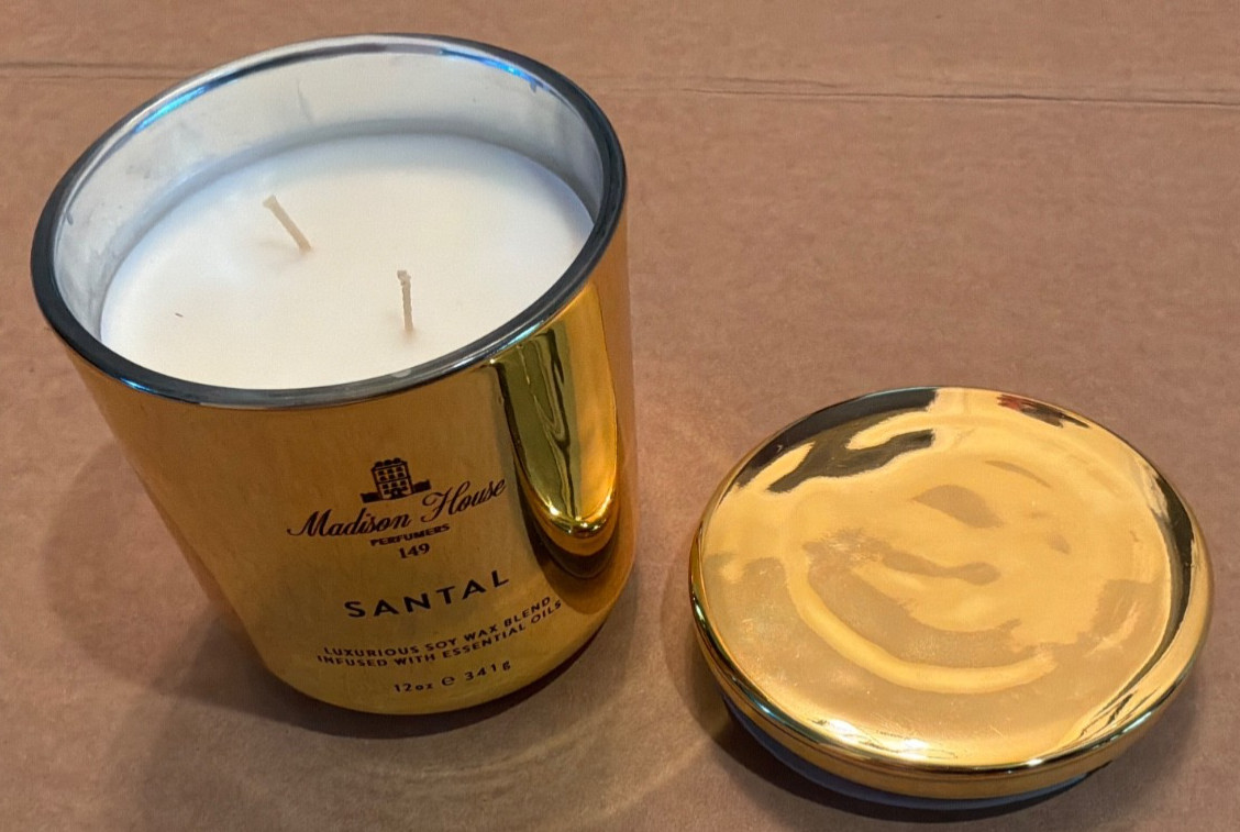 NEW Madison House SANTAL Scented 2-Wick Candle 12 oz Gold Metallic Soy Wax Blend