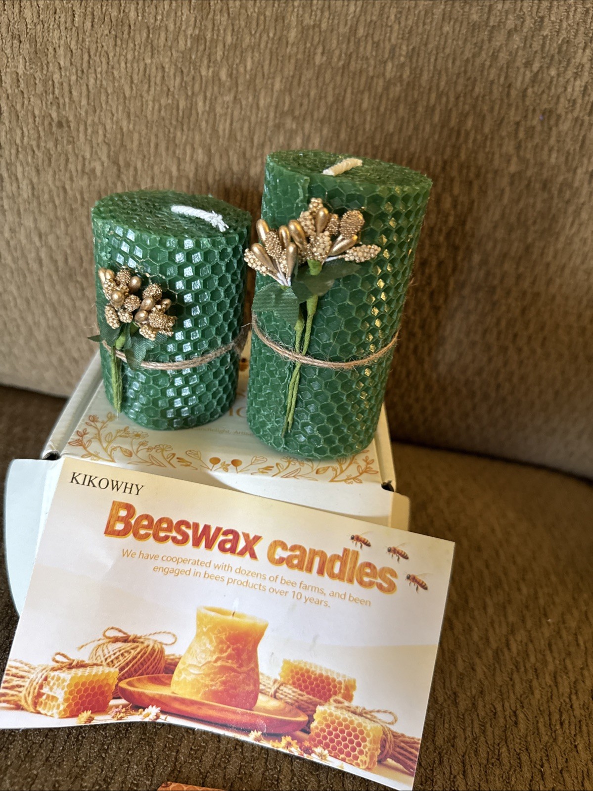 Set Of “2” Green Beeswax Candles In A Gift Box