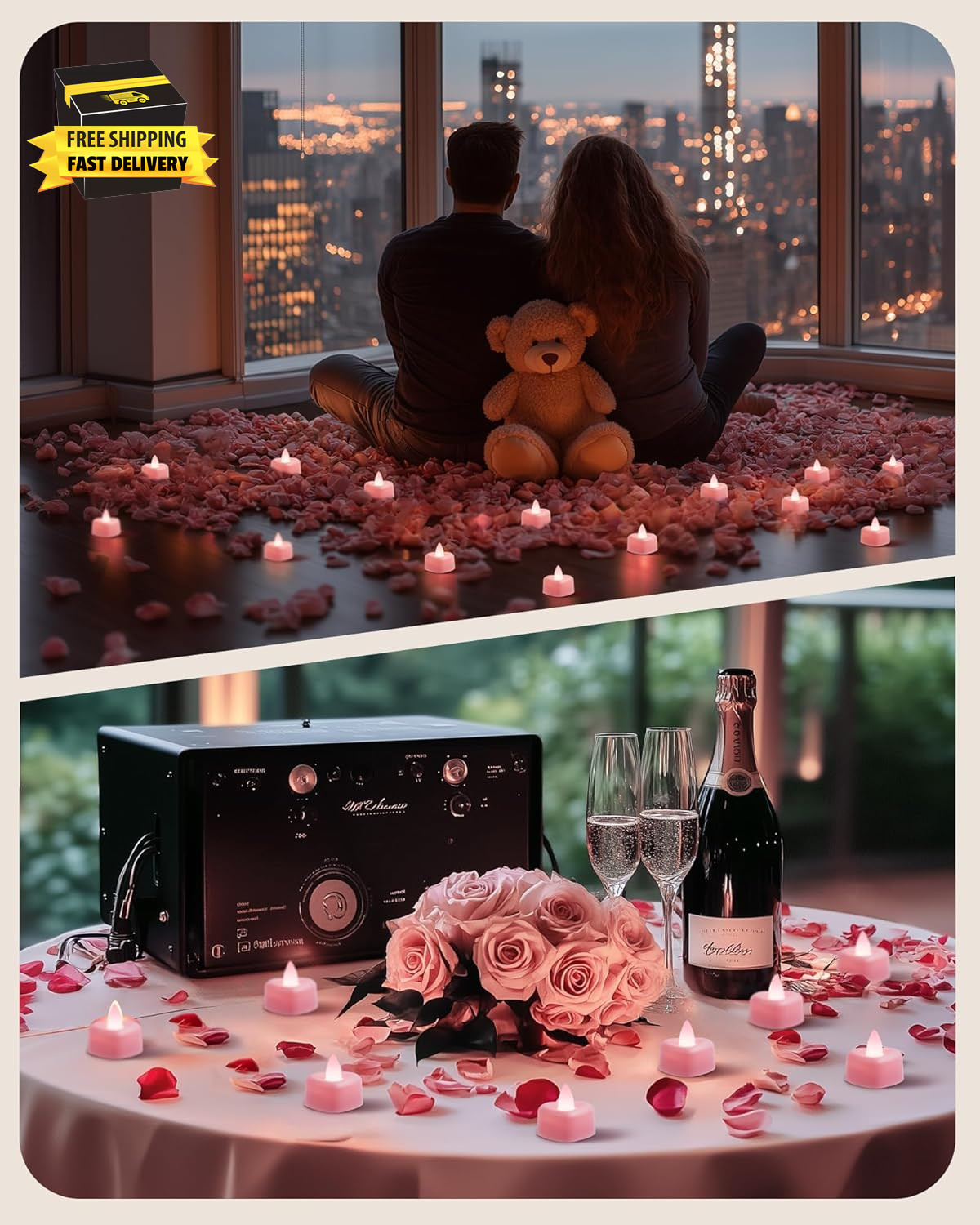 1000 Pieces Pink Artificial Rose Petals with 12 Pink Heart LED Tea Lights, Rose