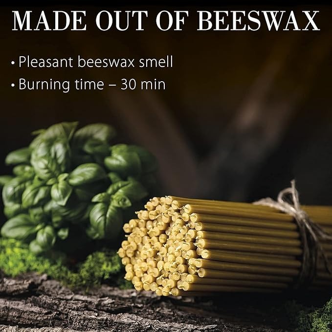 100% Pure Beeswax Thin Taper Candles Yellow Orthodox Church Candle 50 Pcs New