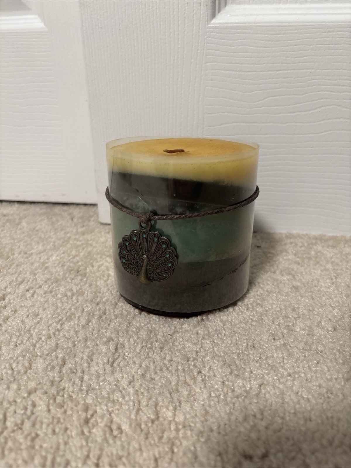 PIER1 Imports Scented 4” X 4” Candle Peacock Metal Charm Oakwood & Fern