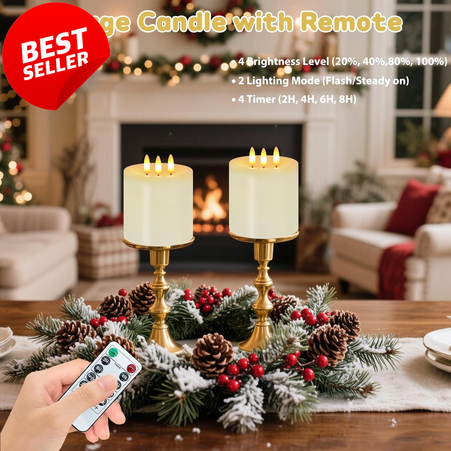 4x4in 3 Wick Flameless LED Candle Real Wax Remote Timer Ivory – US