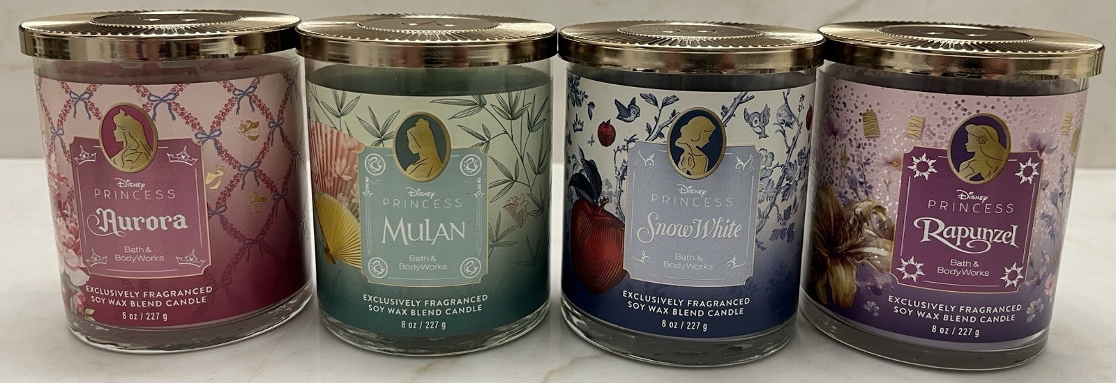 Bath Body Works 4 DISNEY single wick candles SNOW WHITE AURORA MULAN & RAPUNZEL