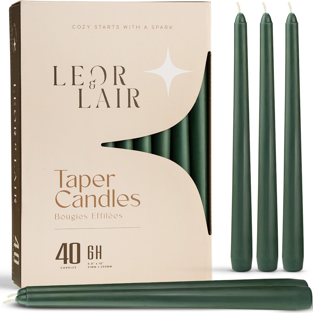Leor & Lair Bulk Taper Candles – 40 Pack – 10″ Tall Candlesticks, 6+ Hours Burn