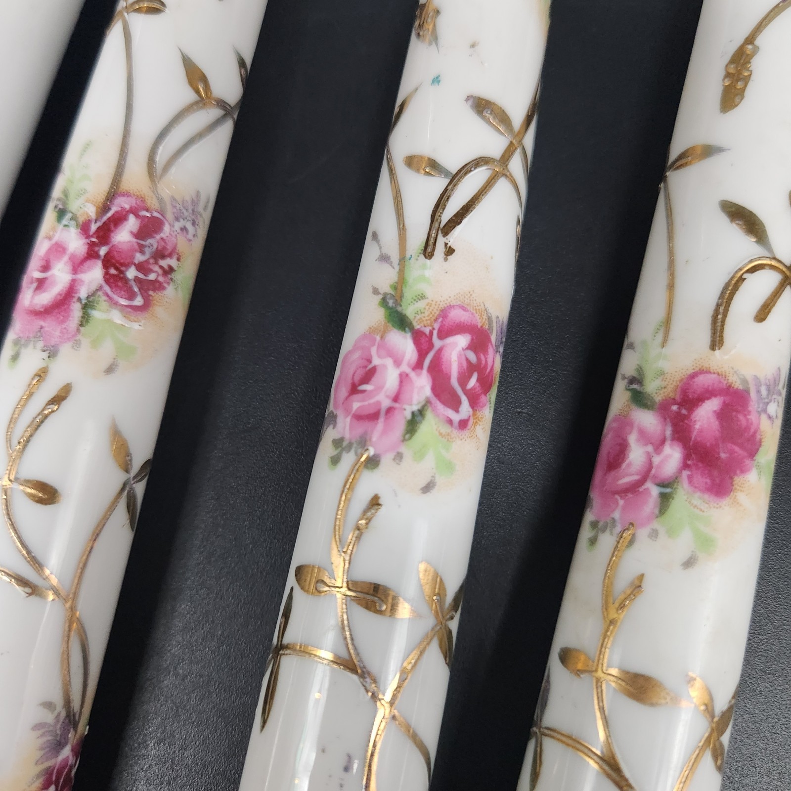 Set of 4 Antique? Porcelain Faux Taper Candles Hand Painted Floral Gold Accents