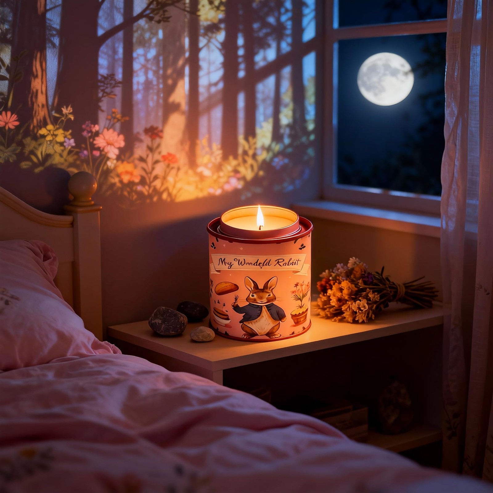 Bunny Forest Scented Tin Candle Natural Floral Soy Wax Pink Easter Decor 35H