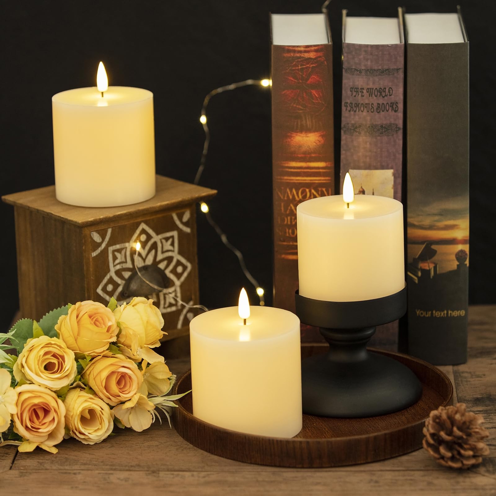 Flameless Candles Set 3×3 Inch Flickering LED Real Wax Timers 3 PCS