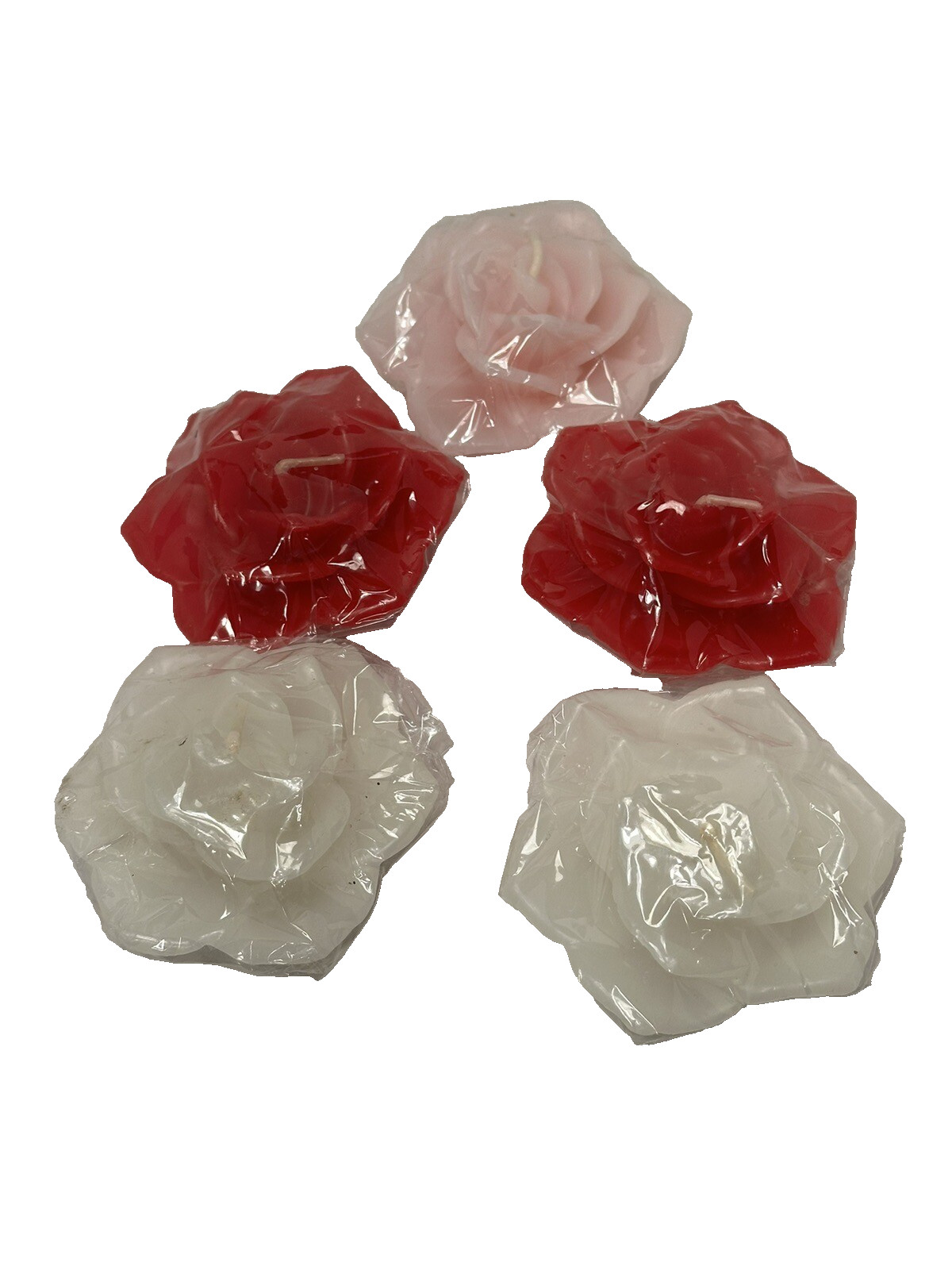 5 small rose shaped candles pink red white