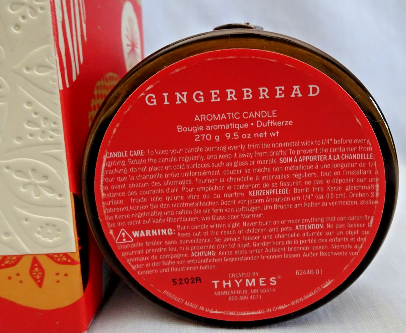 THYMES Gingerbread 9.5oz/270g Aromatic Candle 4″ Size NIB