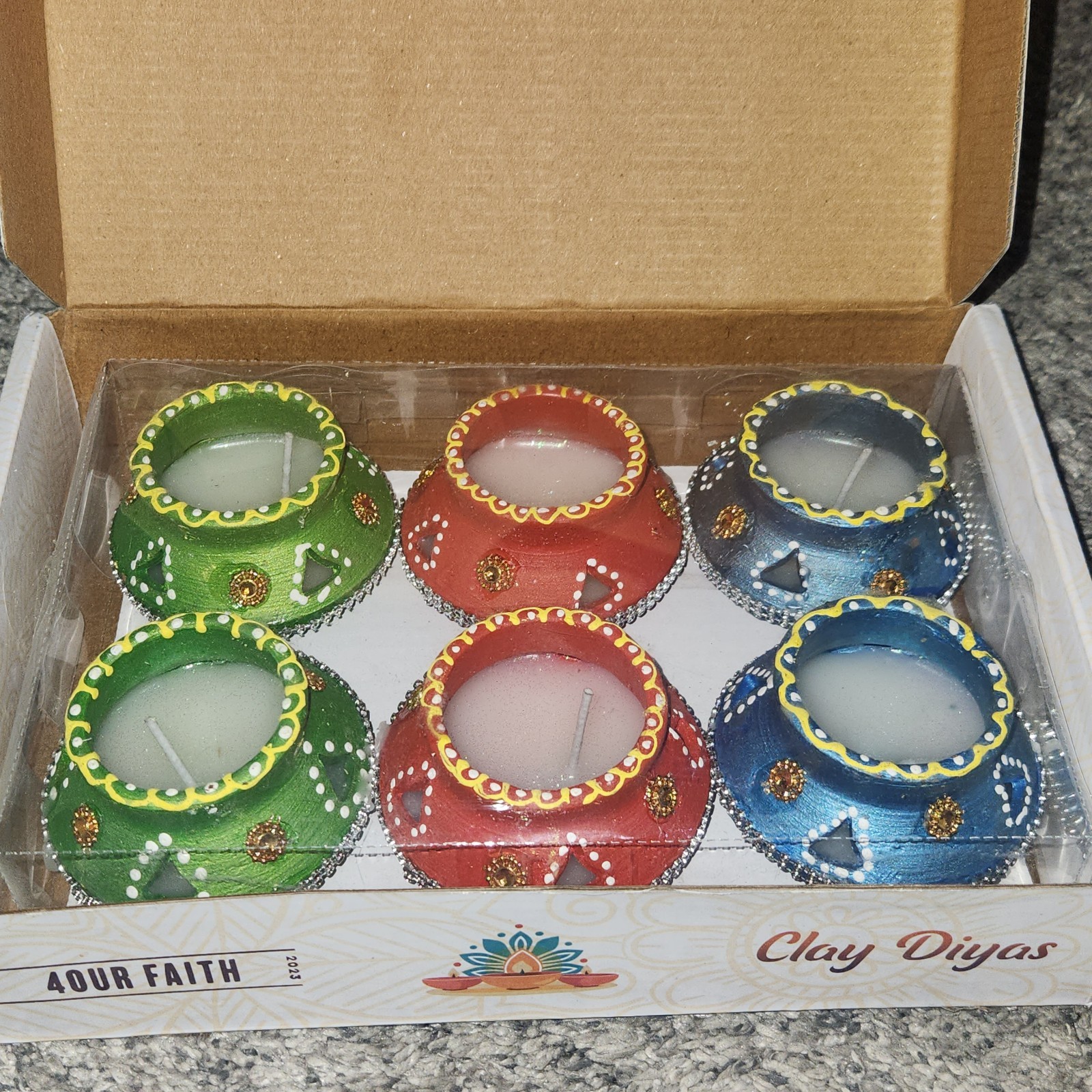4Our Faith Clay Diyas Hand Painted Set Of 6 Candles India