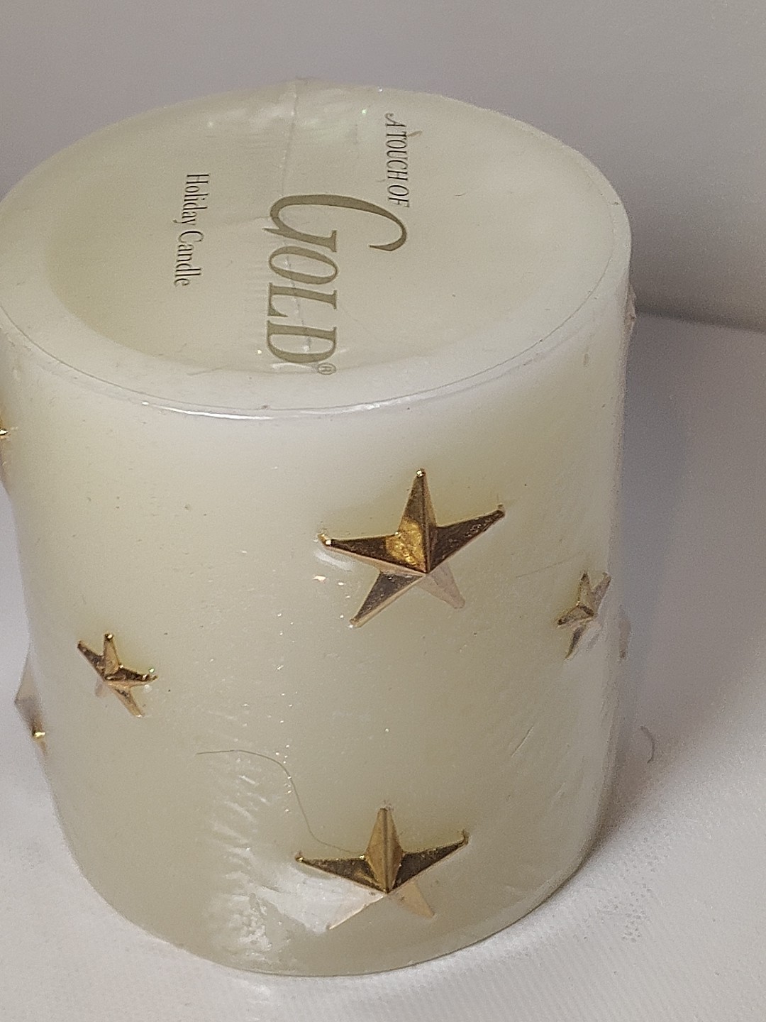 Vintage “A Touch of Gold” Wax Pillar Candle Glitter Cream Gold Stars 3.25″ New