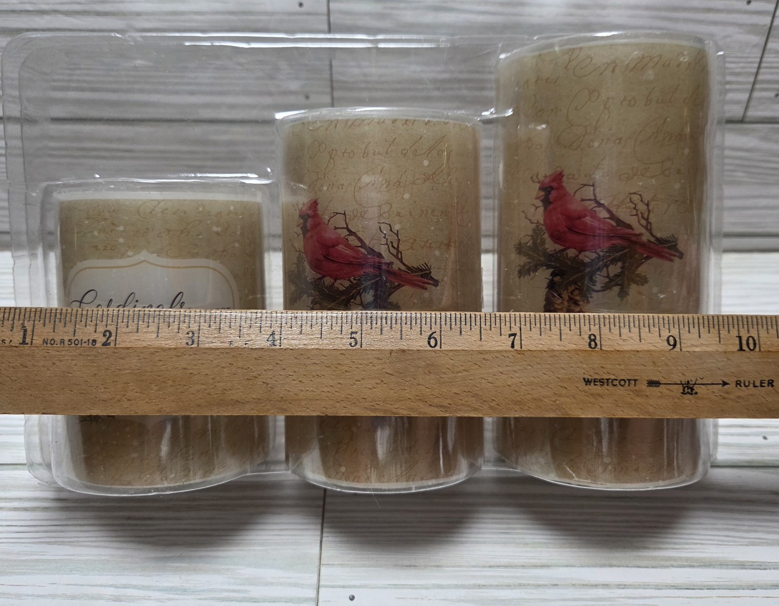 Set of 3 Candles LED Flameless Wax Pillars Cardinal Birds AAA Battery Operated