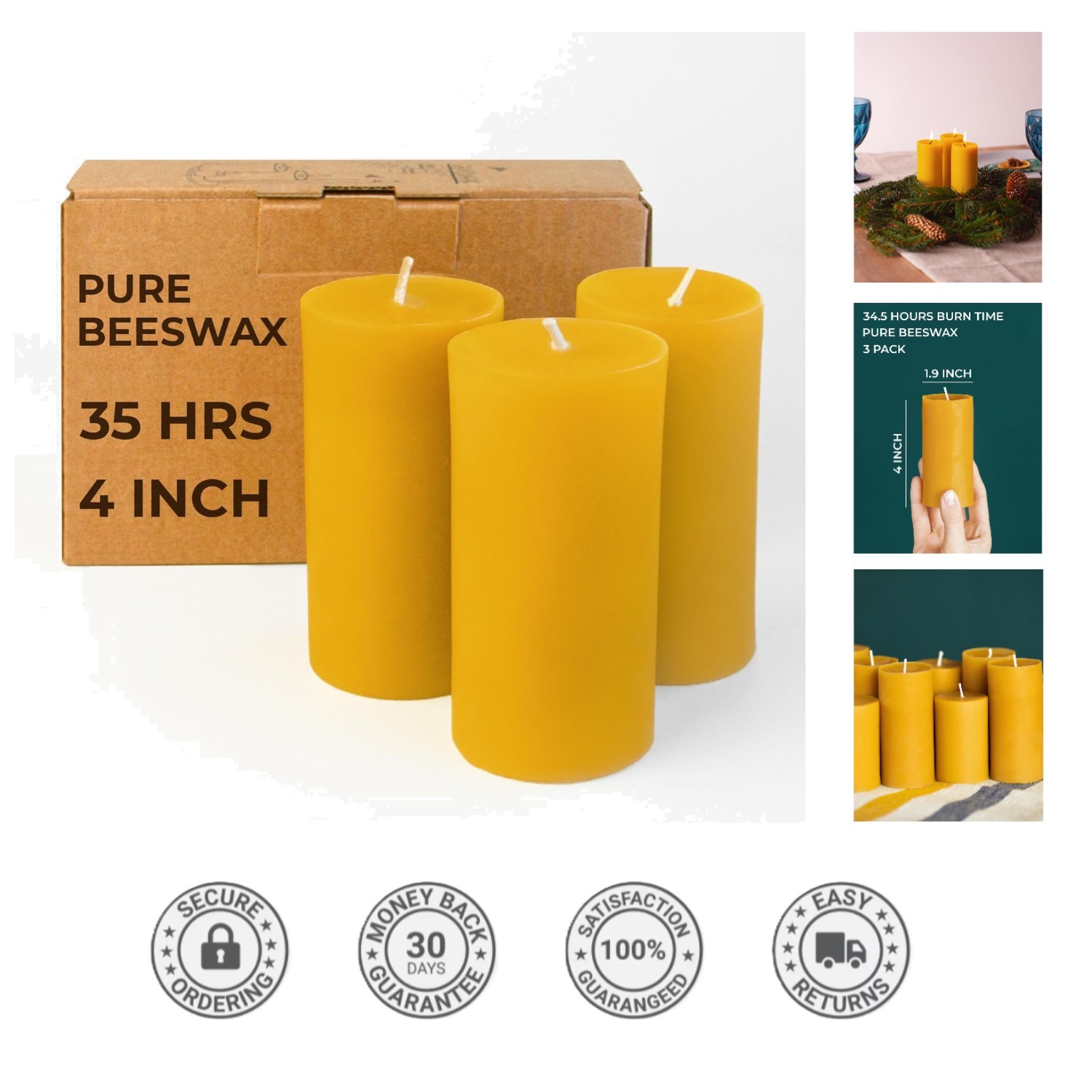 Elegant Beeswax Pillar Candles Set – 1.8×4 Inches, 34.5 Hours of Soothing Aromas