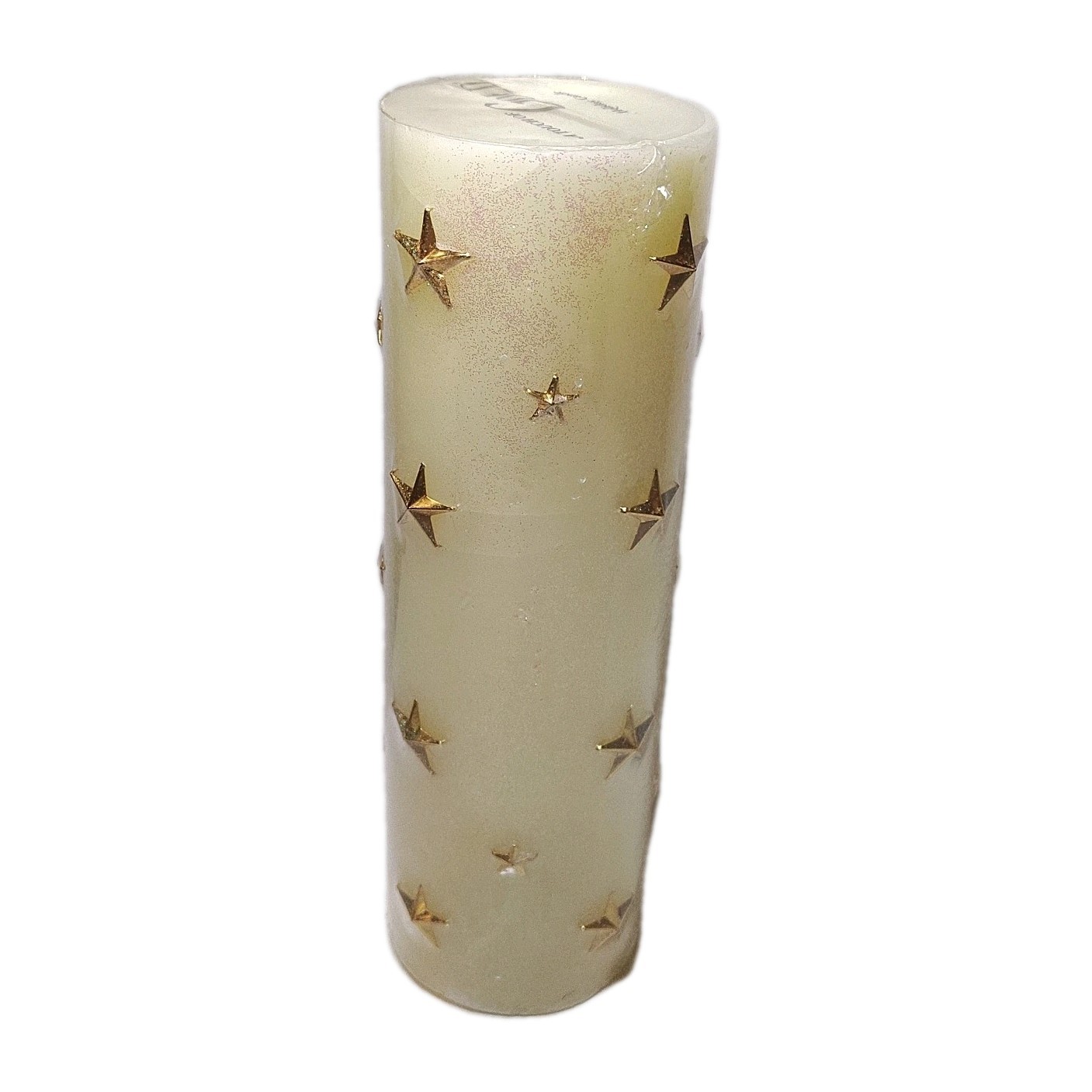 Vintage “A Touch of Gold” Wax Pillar Candle Glitter Cream Gold Stars 9.25″ New