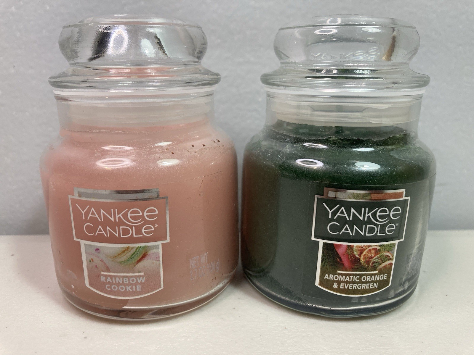 Yankee Candle Lot Of 2 RAINBOW COOKIE, AROMATIC ORANGE & EVERGREEN 3.7 oz Jars