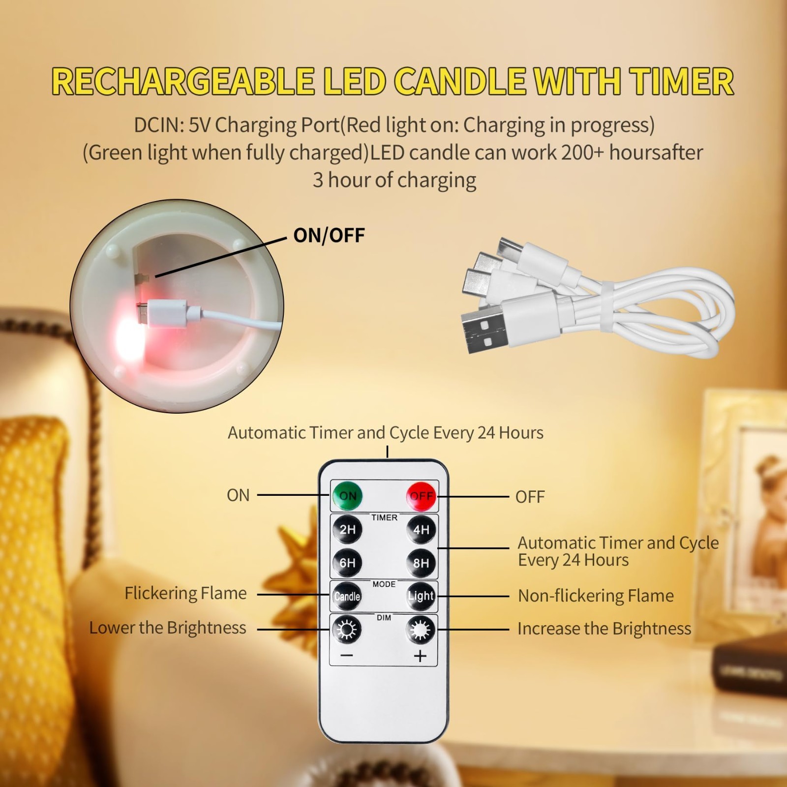 Glass Rechargeable Flameless Candles Type-c Rechargeable Candle with Remote