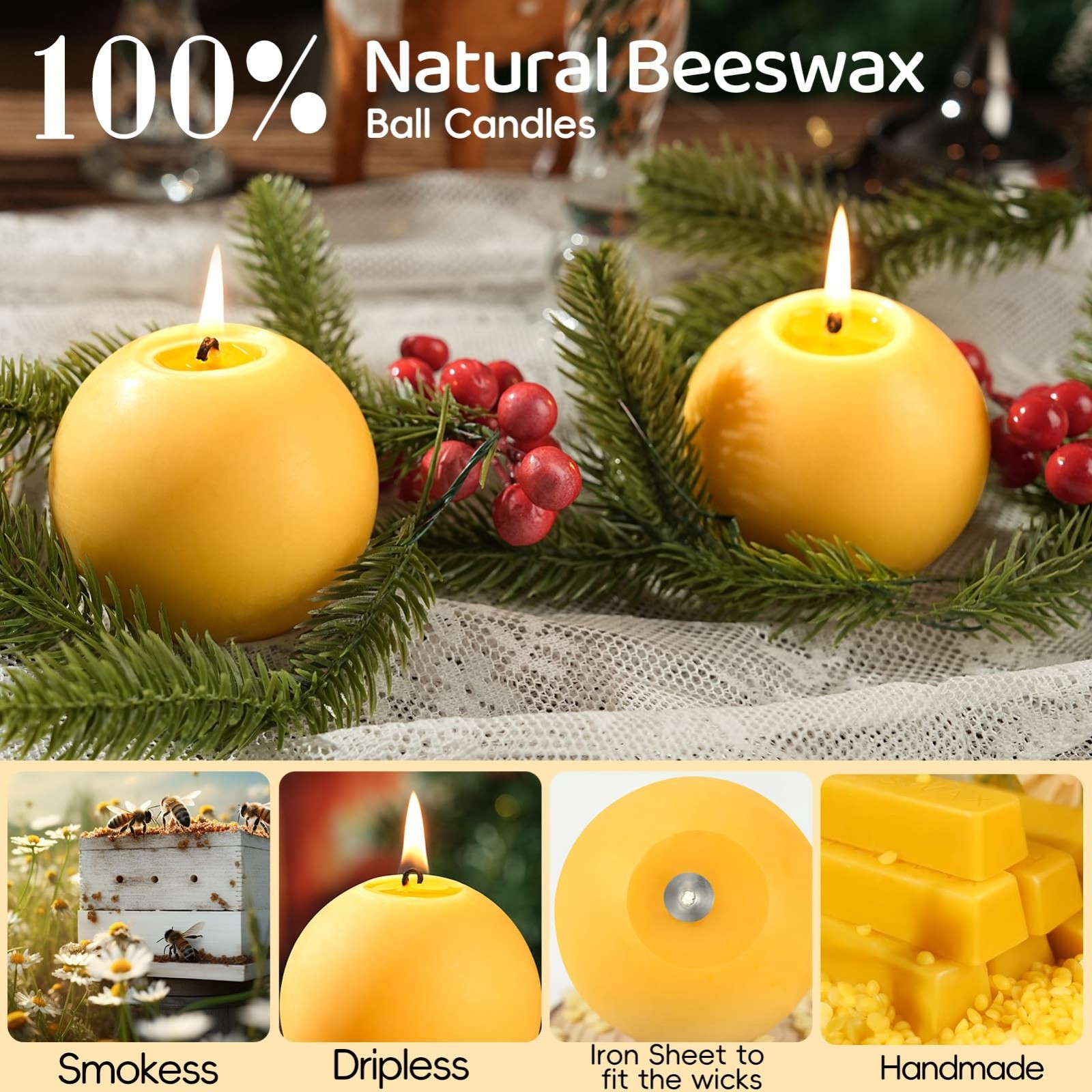 4 Pack Hand-Poured Beeswax Round Candles – 120 Hour Long Burning, Non-Toxic, Uns