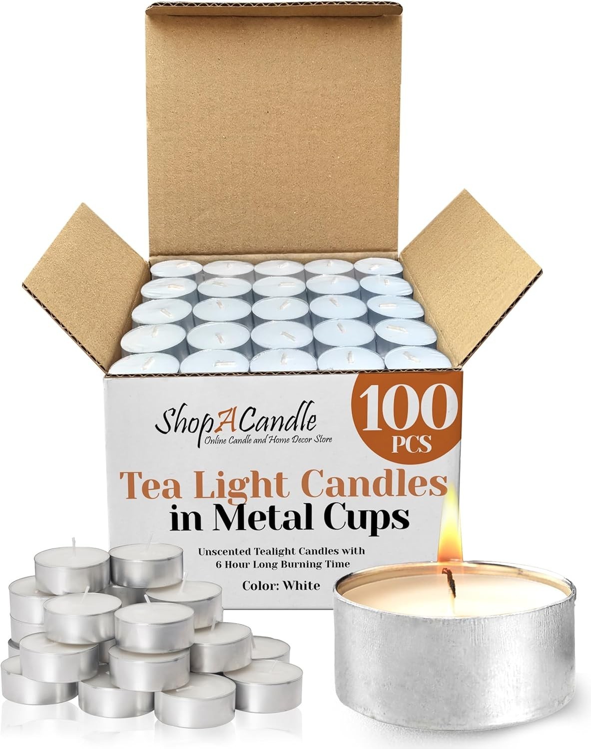 100 Pack Tealight Candles in Metal Cups – Clean White Unscented with 6 Hour L…